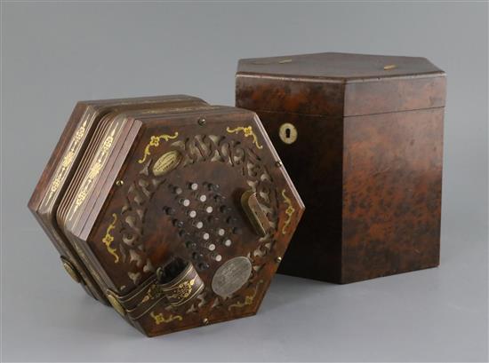 A 19th century Louis Lachenal Presentation cut brass inlaid thuya concertina,